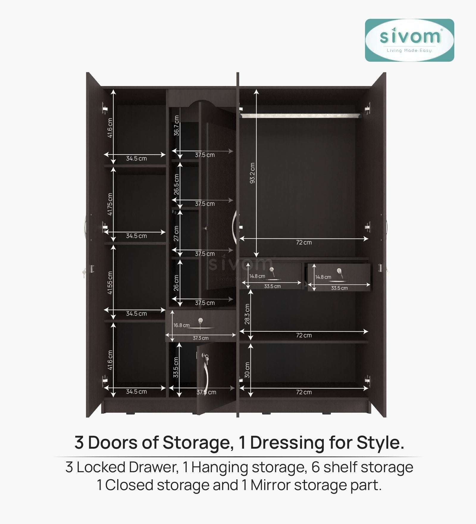 Sivom furniture SIVOM Redim Multipurpose 4 Door Closet Engineered Wood 4 Door Wardrobe for Modern Homes | Elegant Design & Premium Finish