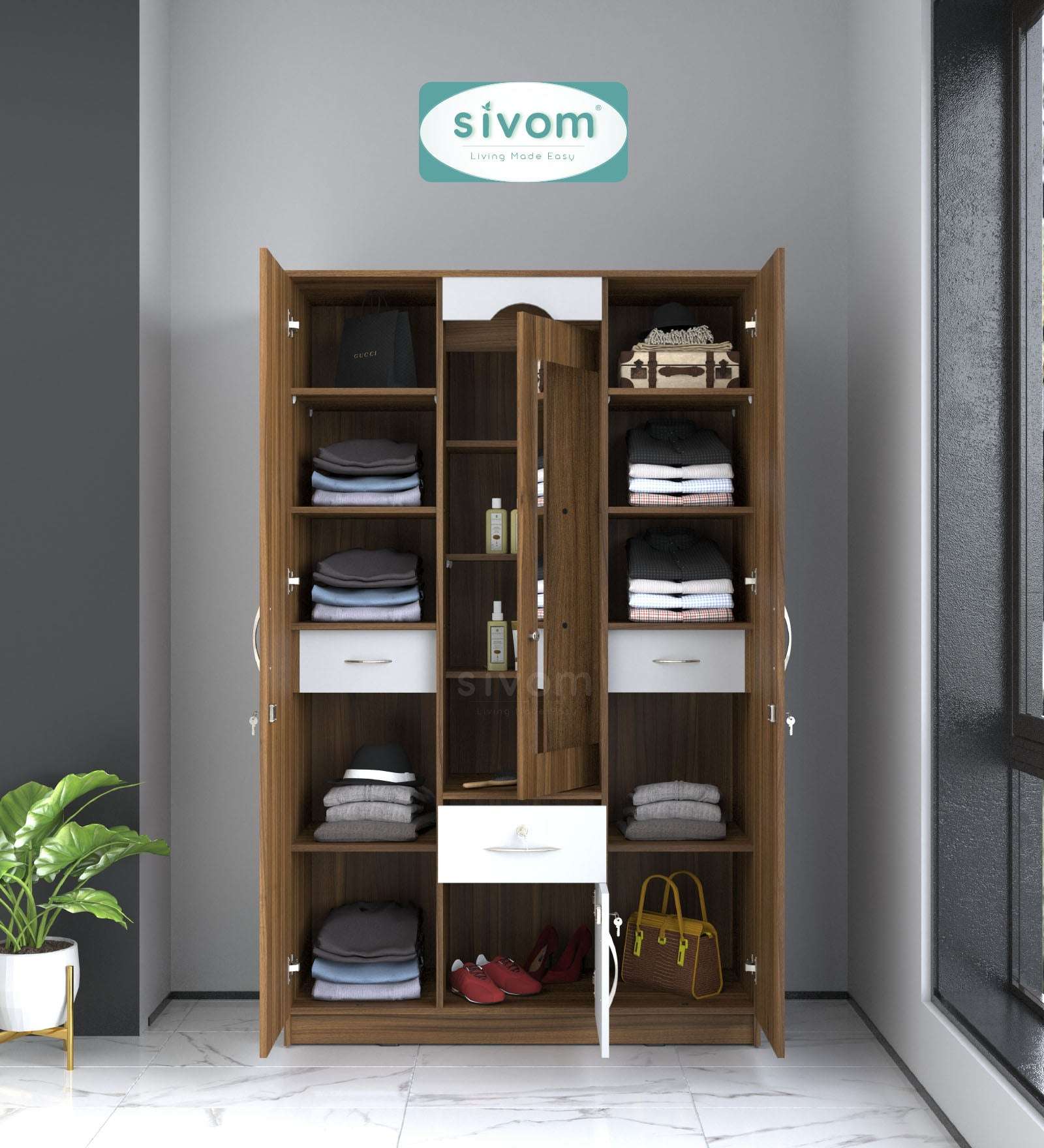 Sivom SIVOM Redim Multipurpose 3 Door Wardrobe / Spacious Shelves with Hanging Rail Engineered Wood 3 Door Wardrobe for Modern Homes | Elegant Design & Premium Finish