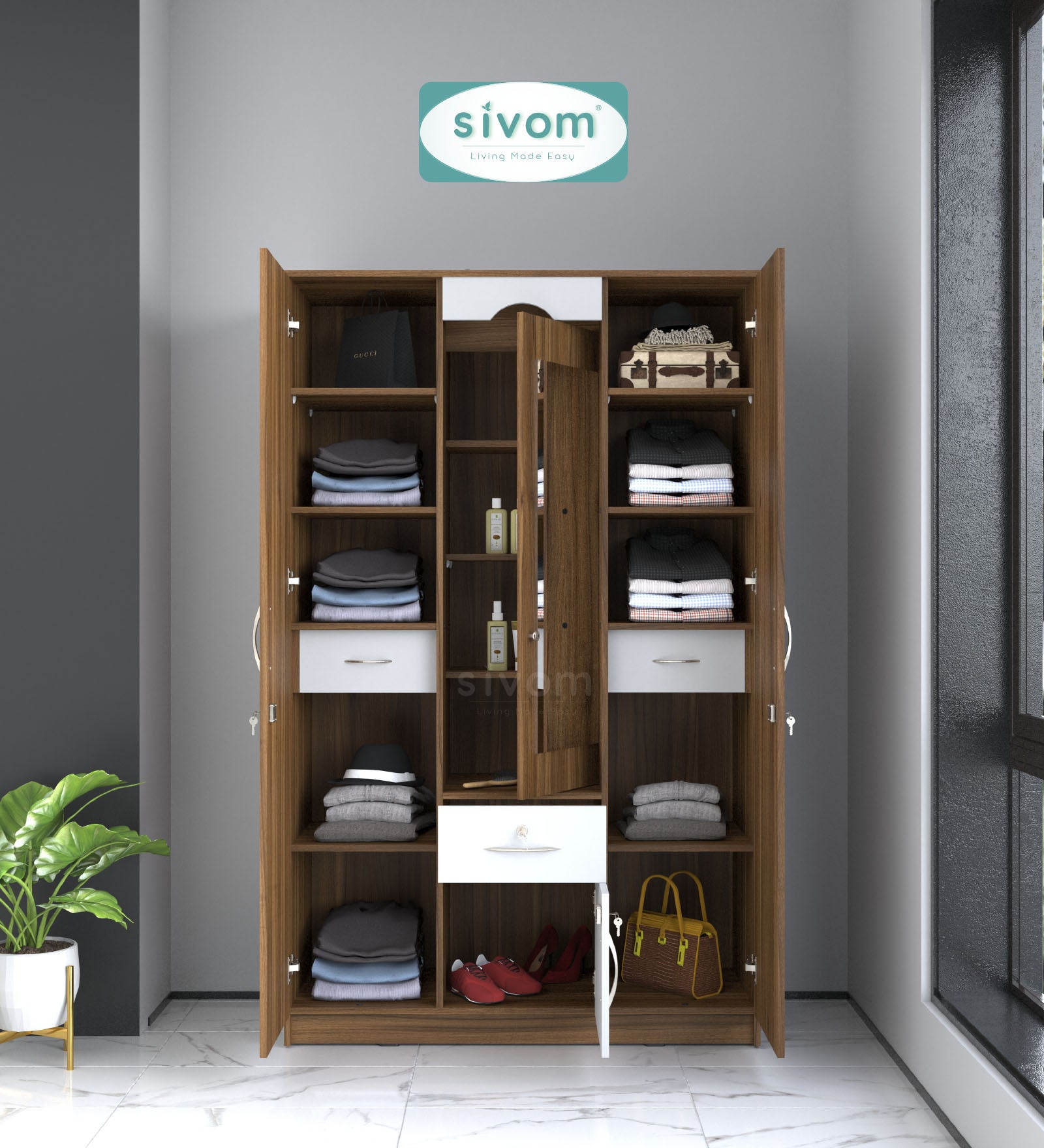 Sivom SIVOM Redim Multipurpose 3 Door Wardrobe / Spacious Shelves with Hanging Rail Engineered Wood 3 Door Wardrobe for Modern Homes | Elegant Design & Premium Finish