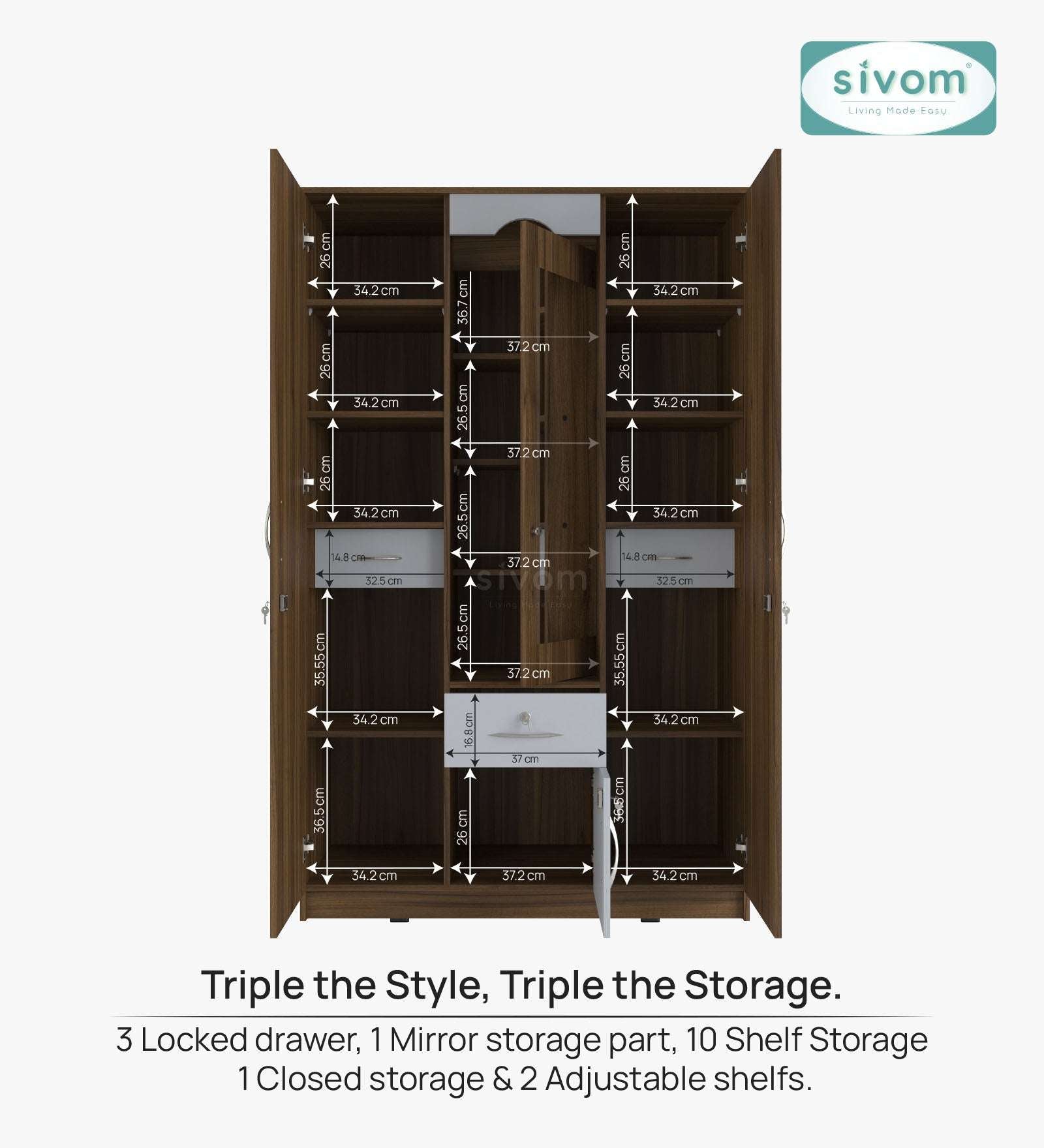Sivom SIVOM Redim Multipurpose 3 Door Wardrobe / Spacious Shelves with Hanging Rail Engineered Wood 3 Door Wardrobe for Modern Homes | Elegant Design & Premium Finish
