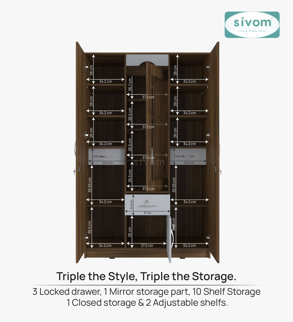 Sivom SIVOM Redim Multipurpose 3 Door Wardrobe / Spacious Shelves with Hanging Rail Engineered Wood 3 Door Wardrobe for Modern Homes | Elegant Design & Premium Finish
