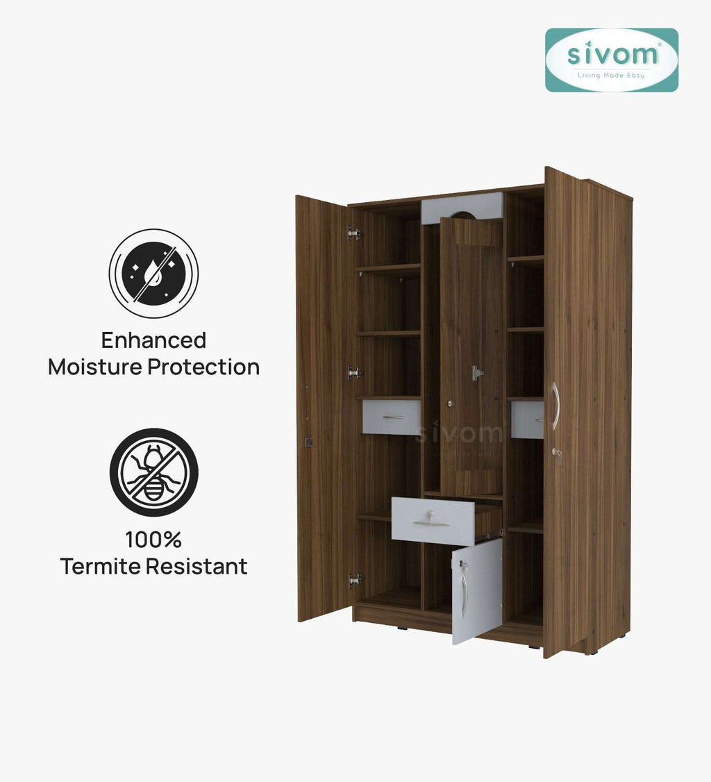 Sivom SIVOM Redim Multipurpose 3 Door Wardrobe / Spacious Shelves with Hanging Rail Engineered Wood 3 Door Wardrobe for Modern Homes | Elegant Design & Premium Finish