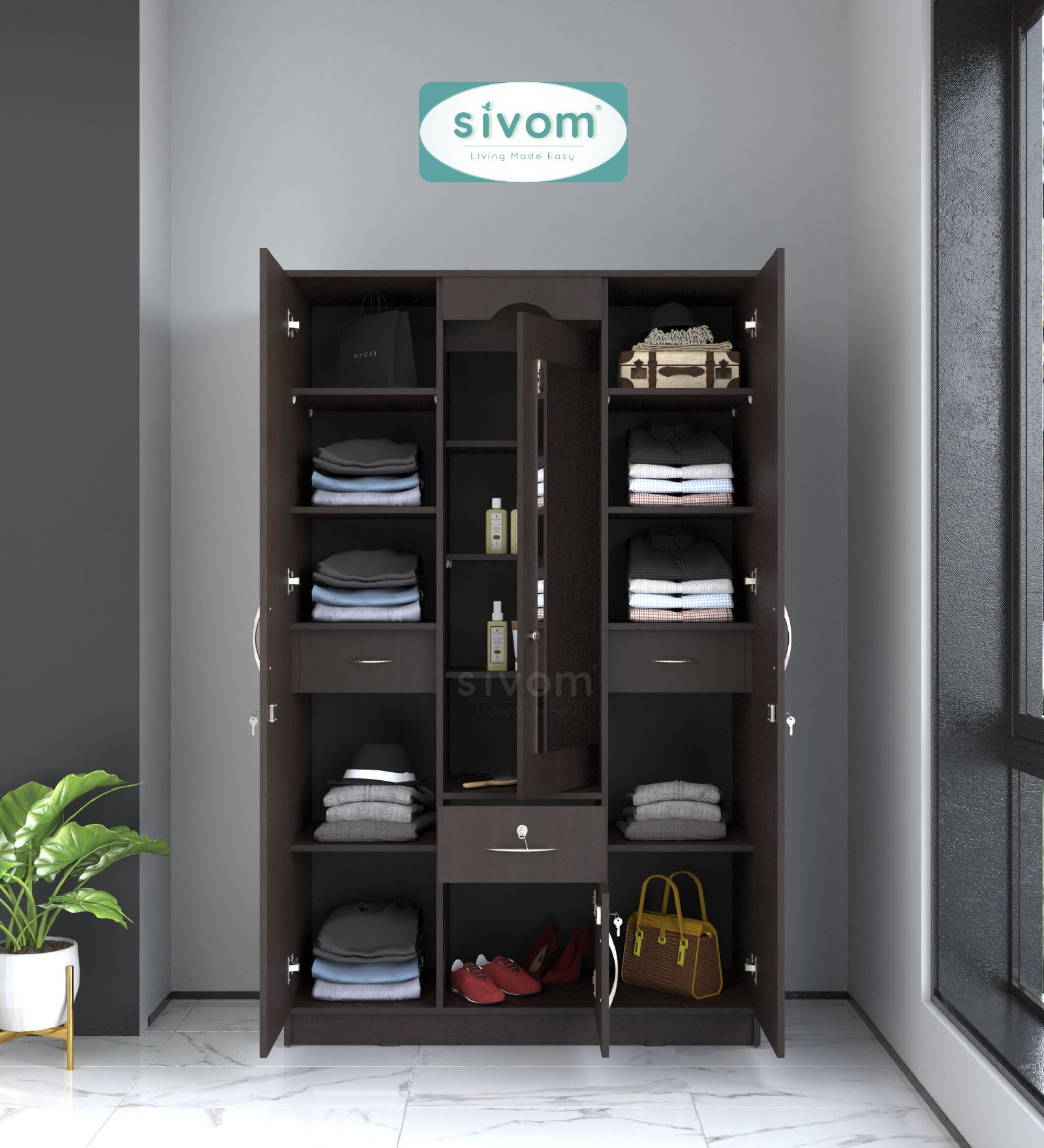 Sivom SIVOM Redim Multipurpose 3 Door Wardrobe / Spacious Shelves with Hanging Rail Engineered Wood 3 Door Wardrobe for Modern Homes | Elegant Design & Premium Finish