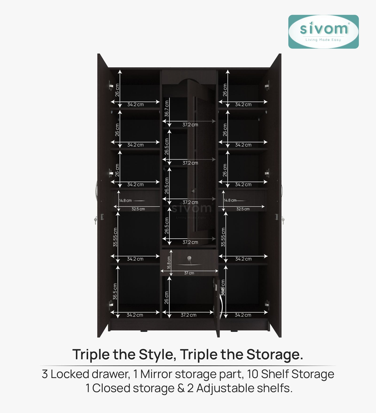 Sivom SIVOM Redim Multipurpose 3 Door Wardrobe / Spacious Shelves with Hanging Rail Engineered Wood 3 Door Wardrobe for Modern Homes | Elegant Design & Premium Finish