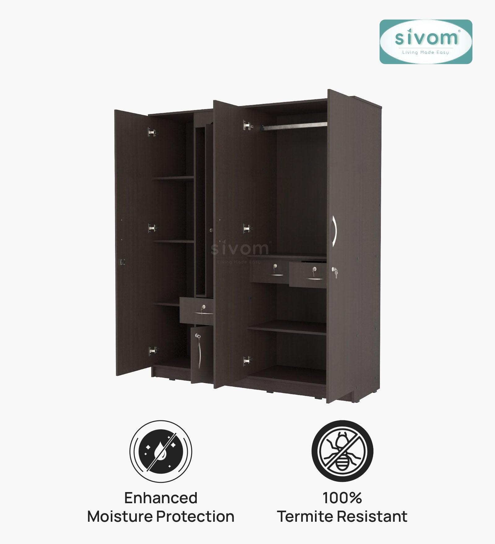 Sivom furniture SIVOM Redim Multipurpose 4 Door Closet Engineered Wood 4 Door Wardrobe for Modern Homes | Elegant Design & Premium Finish