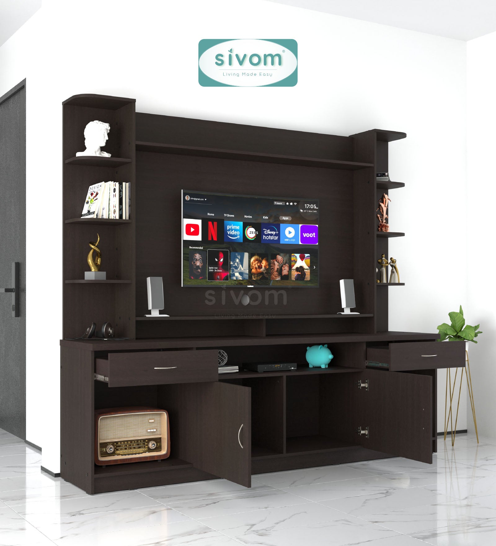 SIVOM Reo Multipurpose TV Unit fits upto 43 inch with Storage Engineered Wood TV Entertainment Unit for Modern Homes | Elegant Design & Premium Finish