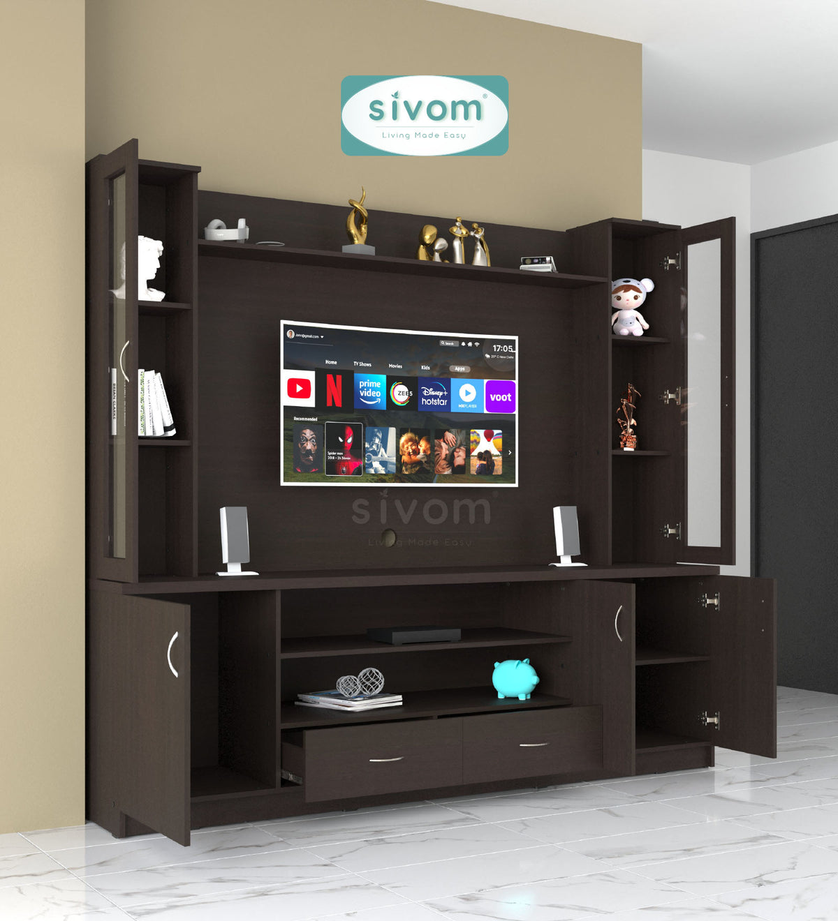 SIVOM Ronald Multipurpose TV Unit fits upto 43 inch with Storage Engineered Wood TV Entertainment Unit for Modern Homes | Elegant Design & Premium Finish