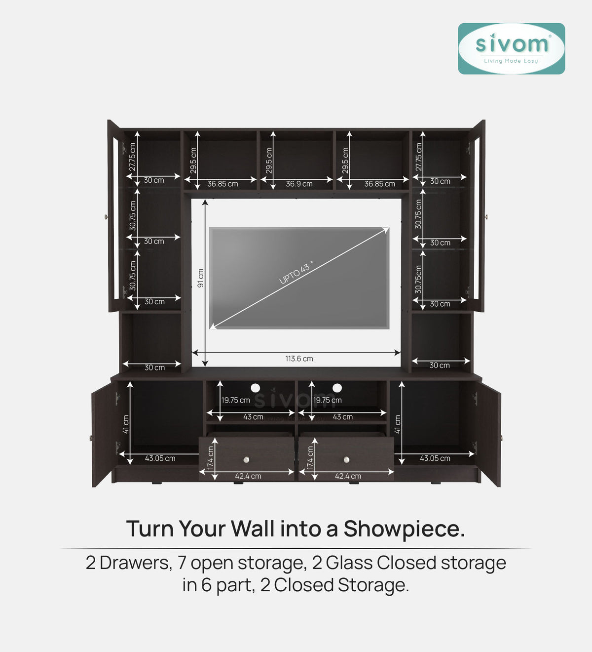 Sivom SIVOM SOUL Multipurpose TV Unit fits upto 43 inch with Storage Engineered Wood TV Entertainment Unit for Modern Homes | Elegant Design & Premium Finish