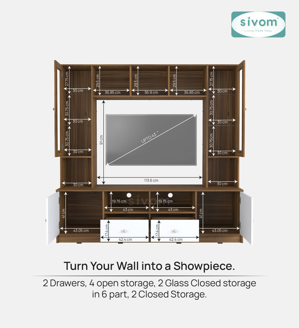 Sivom SIVOM SOUL Multipurpose TV Unit fits upto 43 inch with Storage Engineered Wood TV Entertainment Unit for Modern Homes | Elegant Design & Premium Finish
