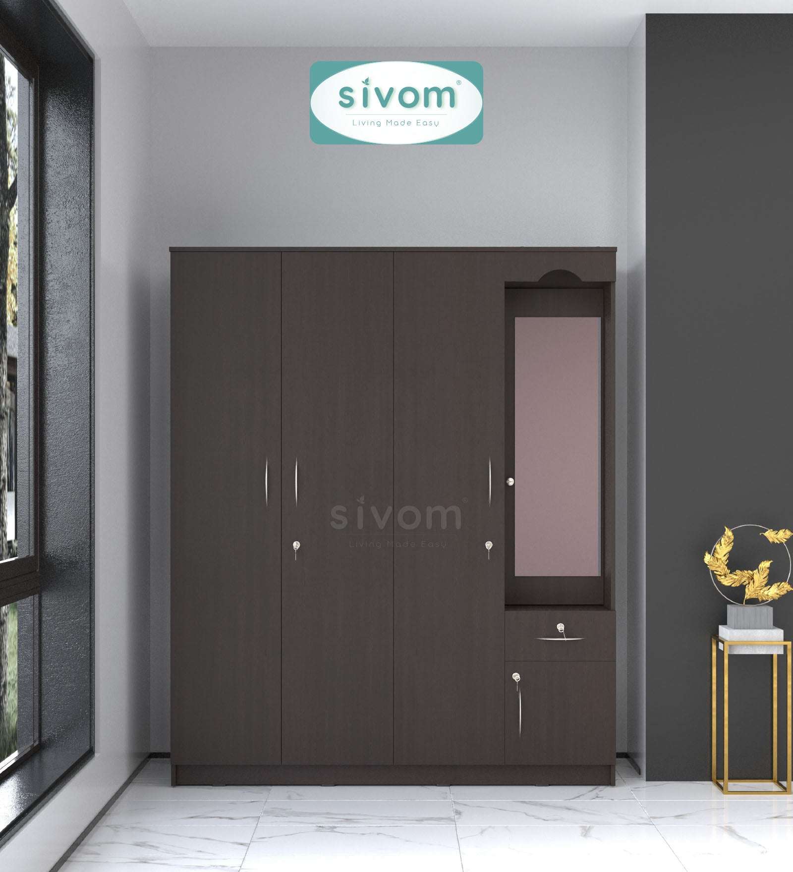 Sivom furniture SIVOM Syntax Multipurpose 4 Door Closet Engineered Wood 4 Door Wardrobe for Modern Homes | Elegant Design & Premium Finish