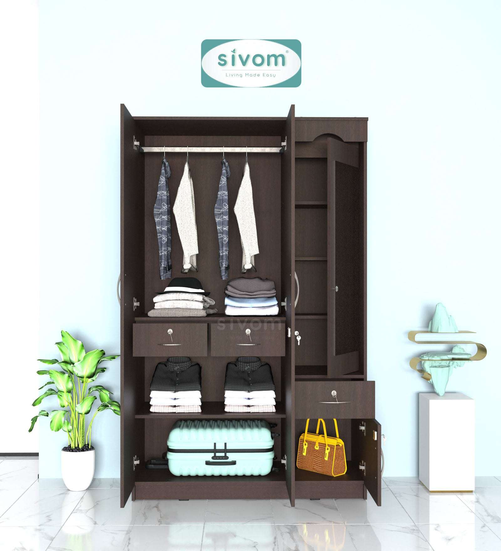Sivom SIVOM Syntax Multipurpose 3 Door Wardrobe / Spacious Shelves with Hanging Rail Engineered Wood 3 Door Wardrobe for Modern Homes | Elegant Design & Premium Finish