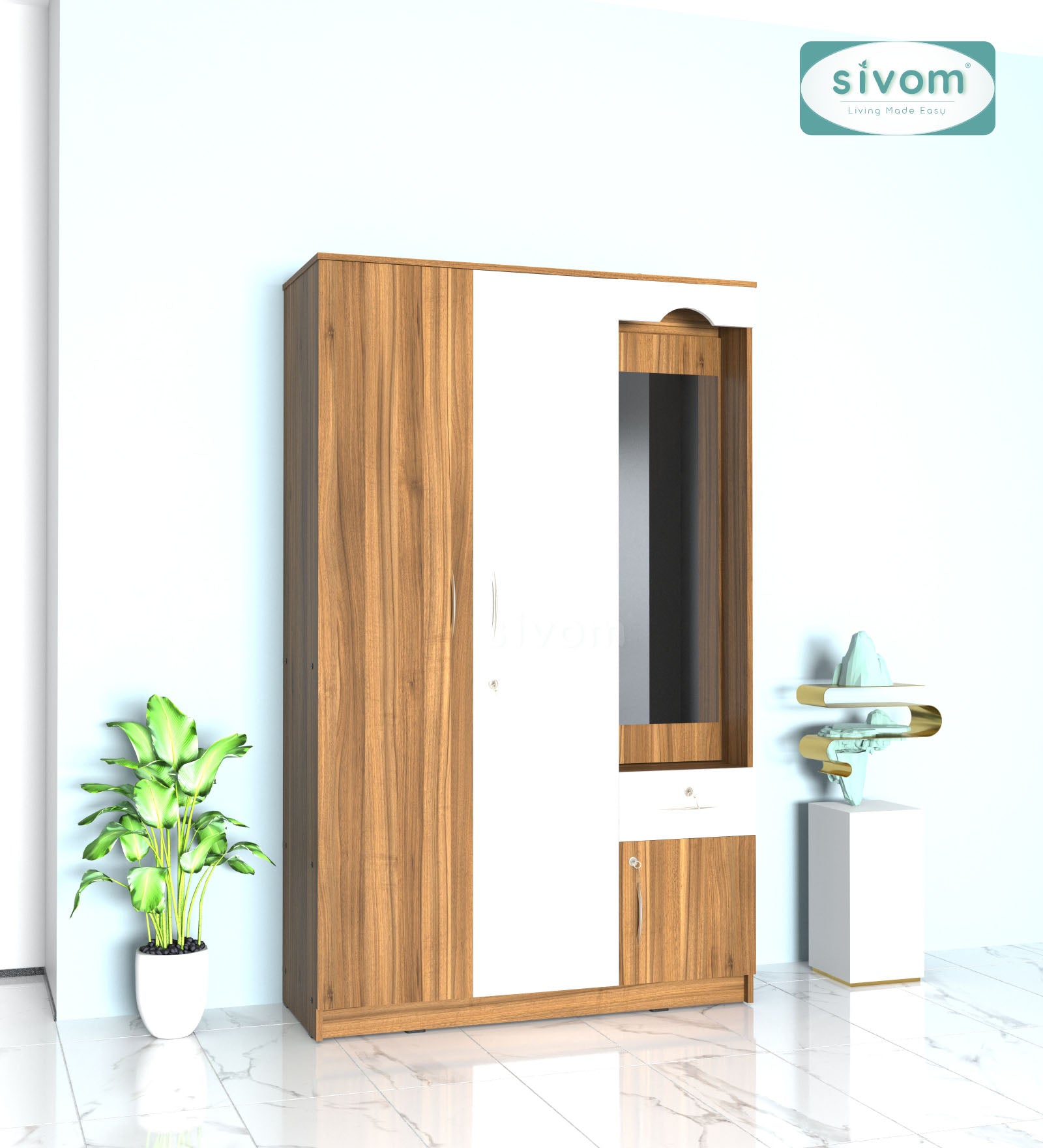 Sivom SIVOM Syntax Multipurpose 3 Door Wardrobe / Spacious Shelves with Hanging Rail Engineered Wood 3 Door Wardrobe for Modern Homes | Elegant Design & Premium Finish