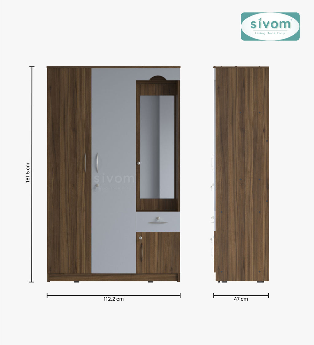 Sivom SIVOM Syntax Multipurpose 3 Door Wardrobe / Spacious Shelves with Hanging Rail Engineered Wood 3 Door Wardrobe for Modern Homes | Elegant Design & Premium Finish
