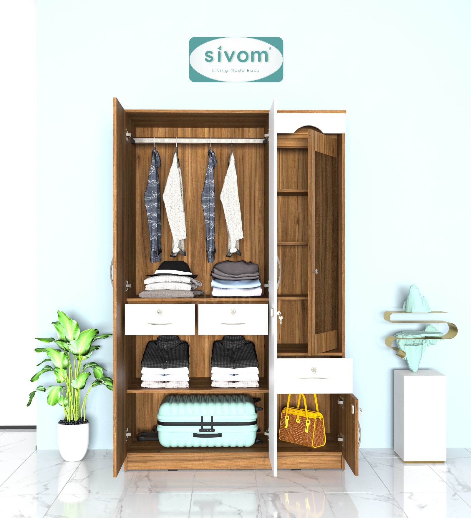 Sivom SIVOM Syntax Multipurpose 3 Door Wardrobe / Spacious Shelves with Hanging Rail Engineered Wood 3 Door Wardrobe for Modern Homes | Elegant Design & Premium Finish