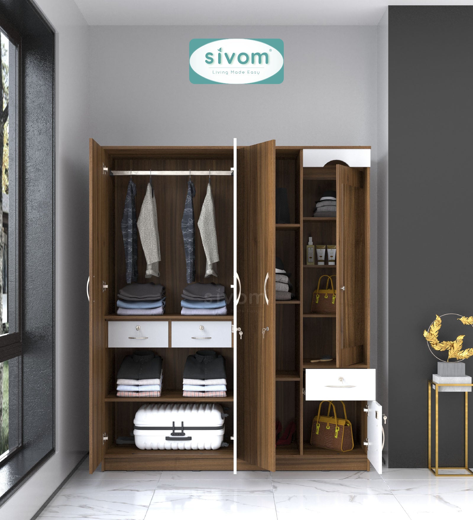 Sivom furniture SIVOM Syntax Multipurpose 4 Door Closet Engineered Wood 4 Door Wardrobe for Modern Homes | Elegant Design & Premium Finish