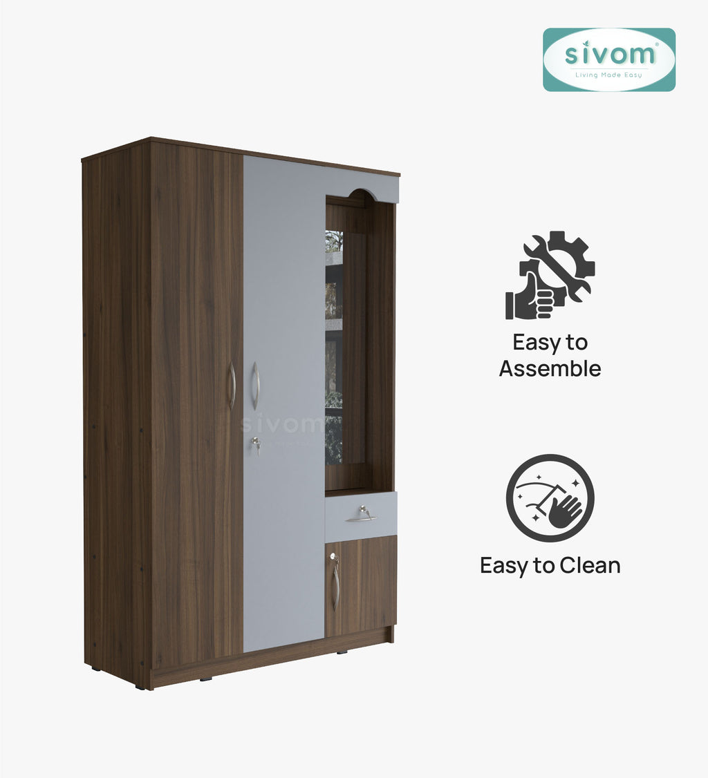 Sivom SIVOM Syntax Multipurpose 3 Door Wardrobe / Spacious Shelves with Hanging Rail Engineered Wood 3 Door Wardrobe for Modern Homes | Elegant Design & Premium Finish