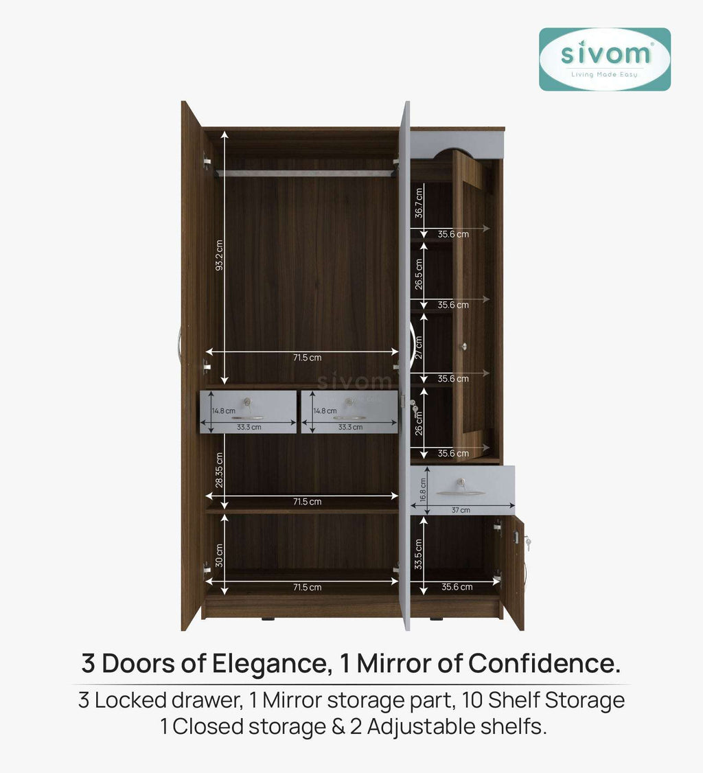 Sivom SIVOM Syntax Multipurpose 3 Door Wardrobe / Spacious Shelves with Hanging Rail Engineered Wood 3 Door Wardrobe for Modern Homes | Elegant Design & Premium Finish