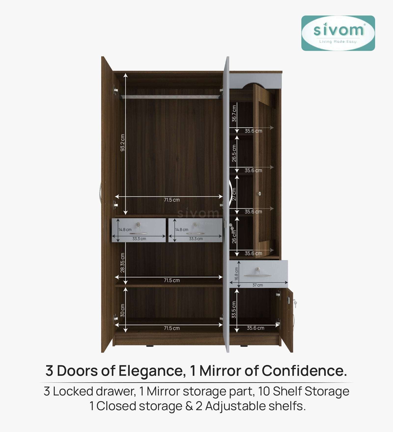 Sivom SIVOM Syntax Multipurpose 3 Door Wardrobe / Spacious Shelves with Hanging Rail Engineered Wood 3 Door Wardrobe for Modern Homes | Elegant Design & Premium Finish