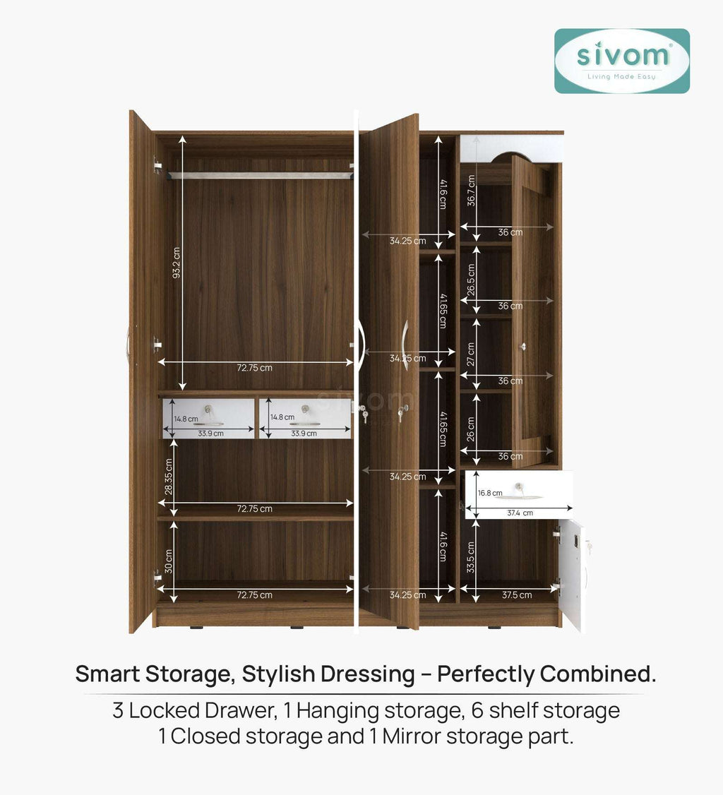 Sivom furniture SIVOM Syntax Multipurpose 4 Door Closet Engineered Wood 4 Door Wardrobe for Modern Homes | Elegant Design & Premium Finish