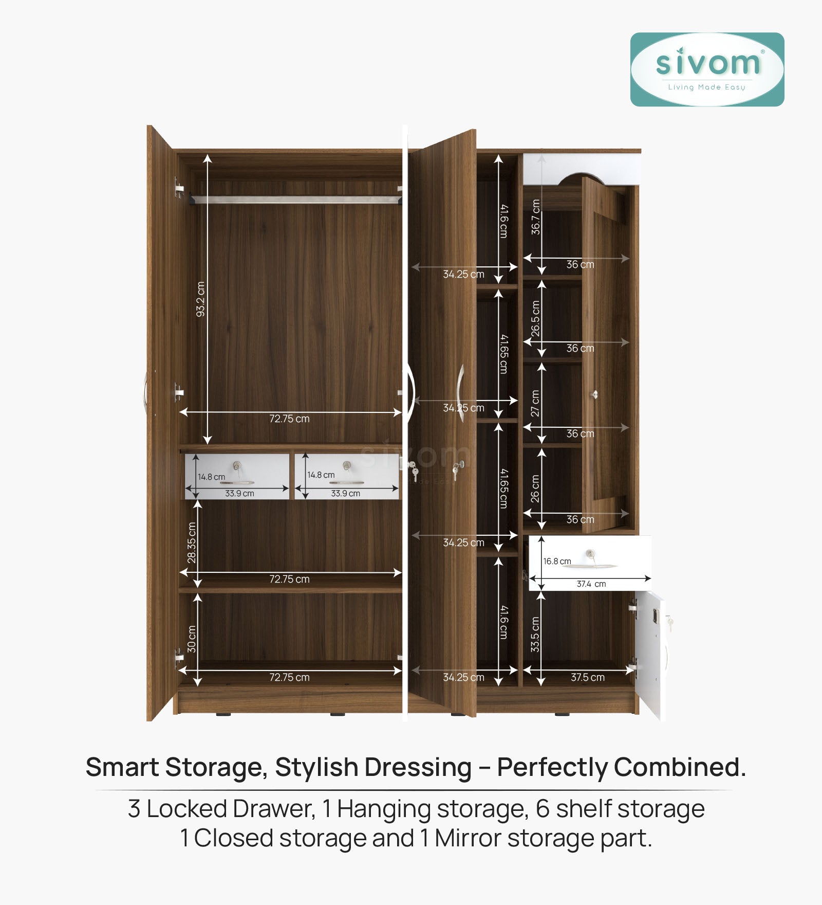 Sivom furniture SIVOM Syntax Multipurpose 4 Door Closet Engineered Wood 4 Door Wardrobe for Modern Homes | Elegant Design & Premium Finish