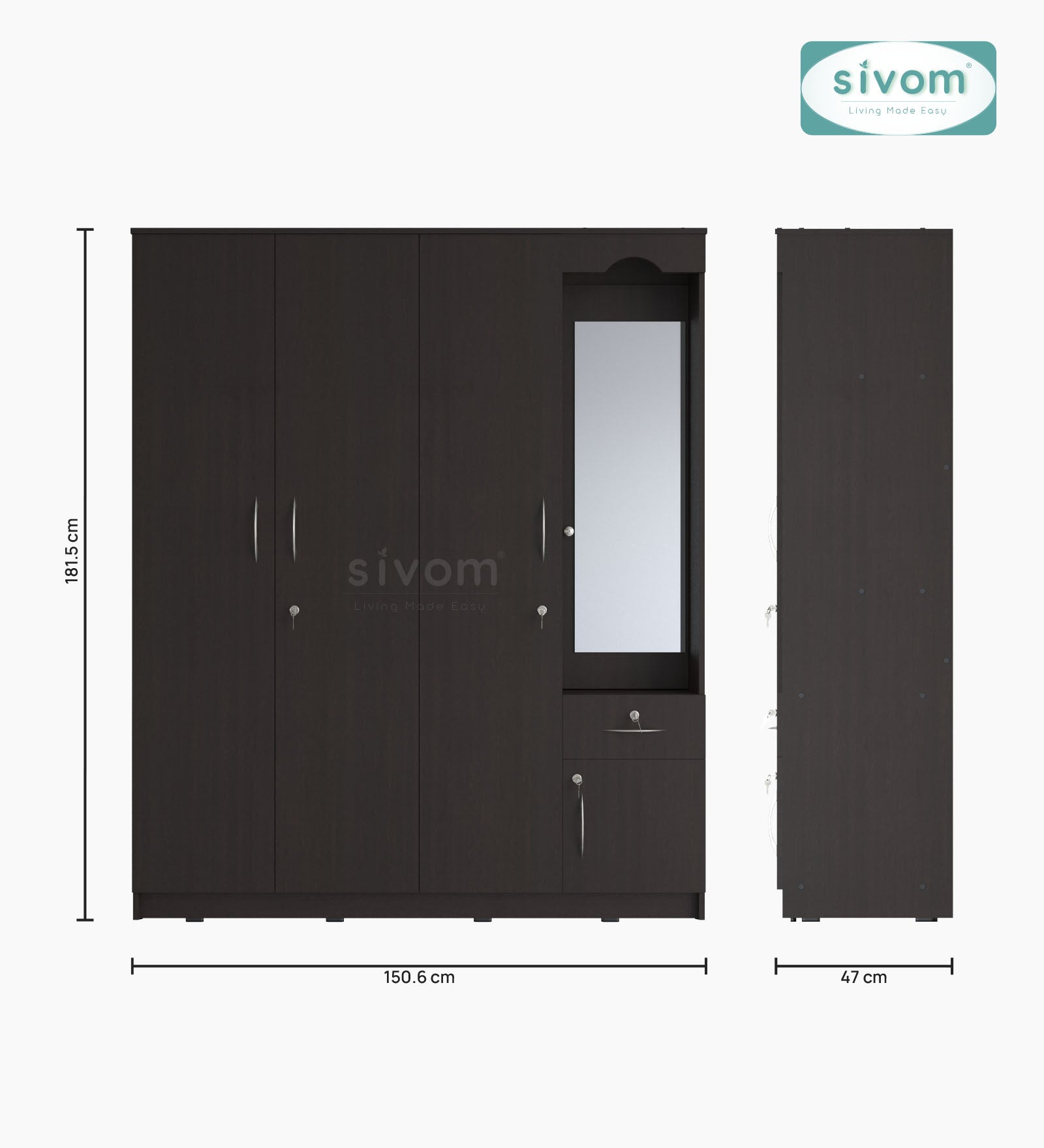 Sivom furniture SIVOM Syntax Multipurpose 4 Door Closet Engineered Wood 4 Door Wardrobe for Modern Homes | Elegant Design & Premium Finish