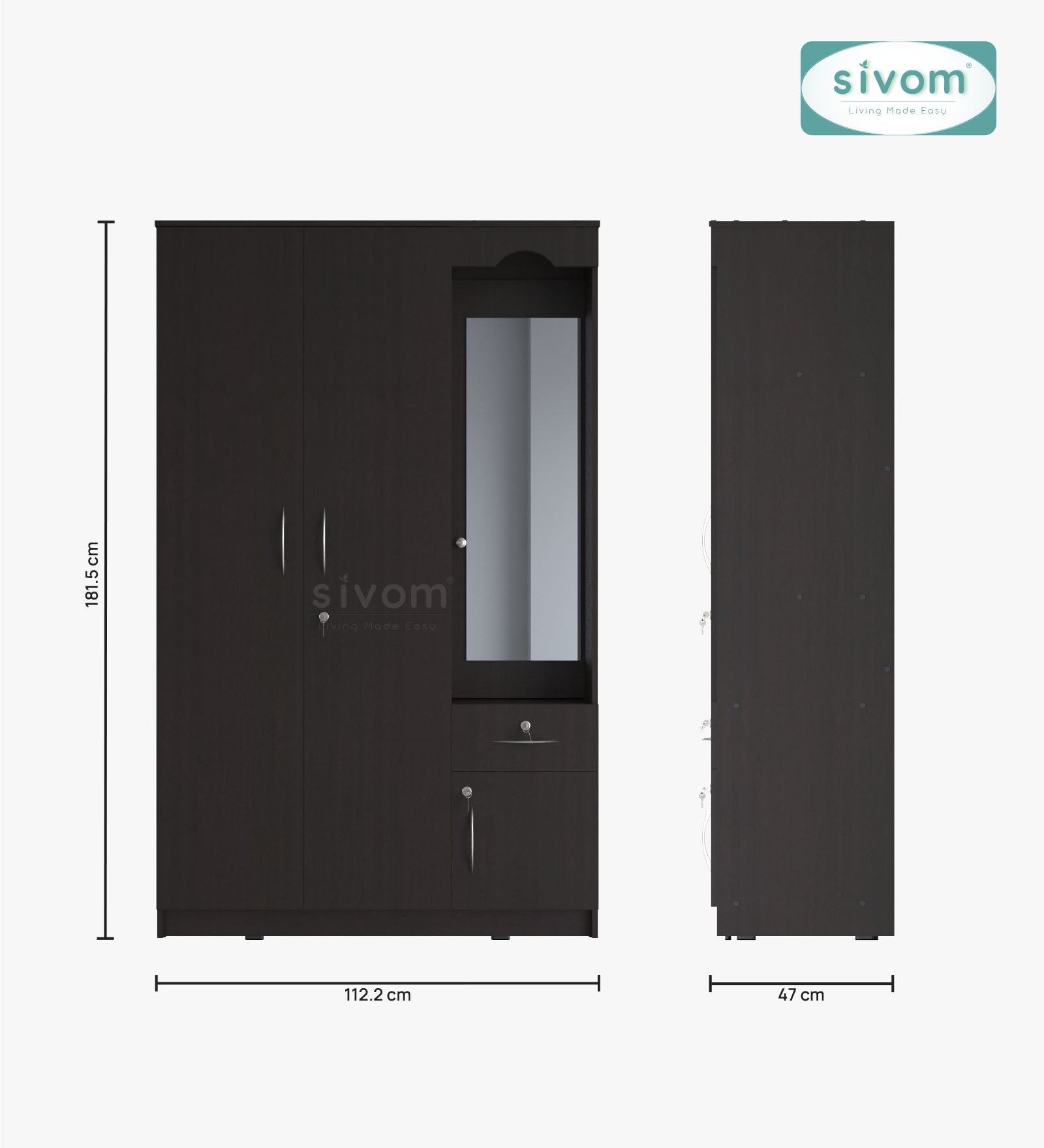 Sivom SIVOM Syntax Multipurpose 3 Door Wardrobe / Spacious Shelves with Hanging Rail Engineered Wood 3 Door Wardrobe for Modern Homes | Elegant Design & Premium Finish