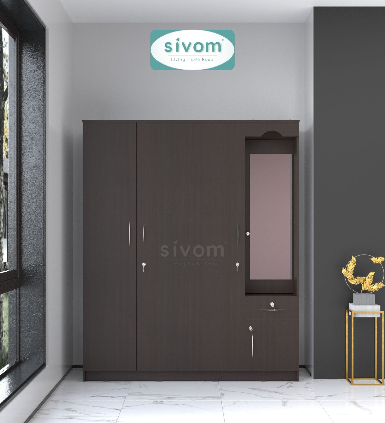 Sivom furniture SIVOM Syntax Multipurpose 4 Door Closet Engineered Wood 4 Door Wardrobe for Modern Homes | Elegant Design & Premium Finish
