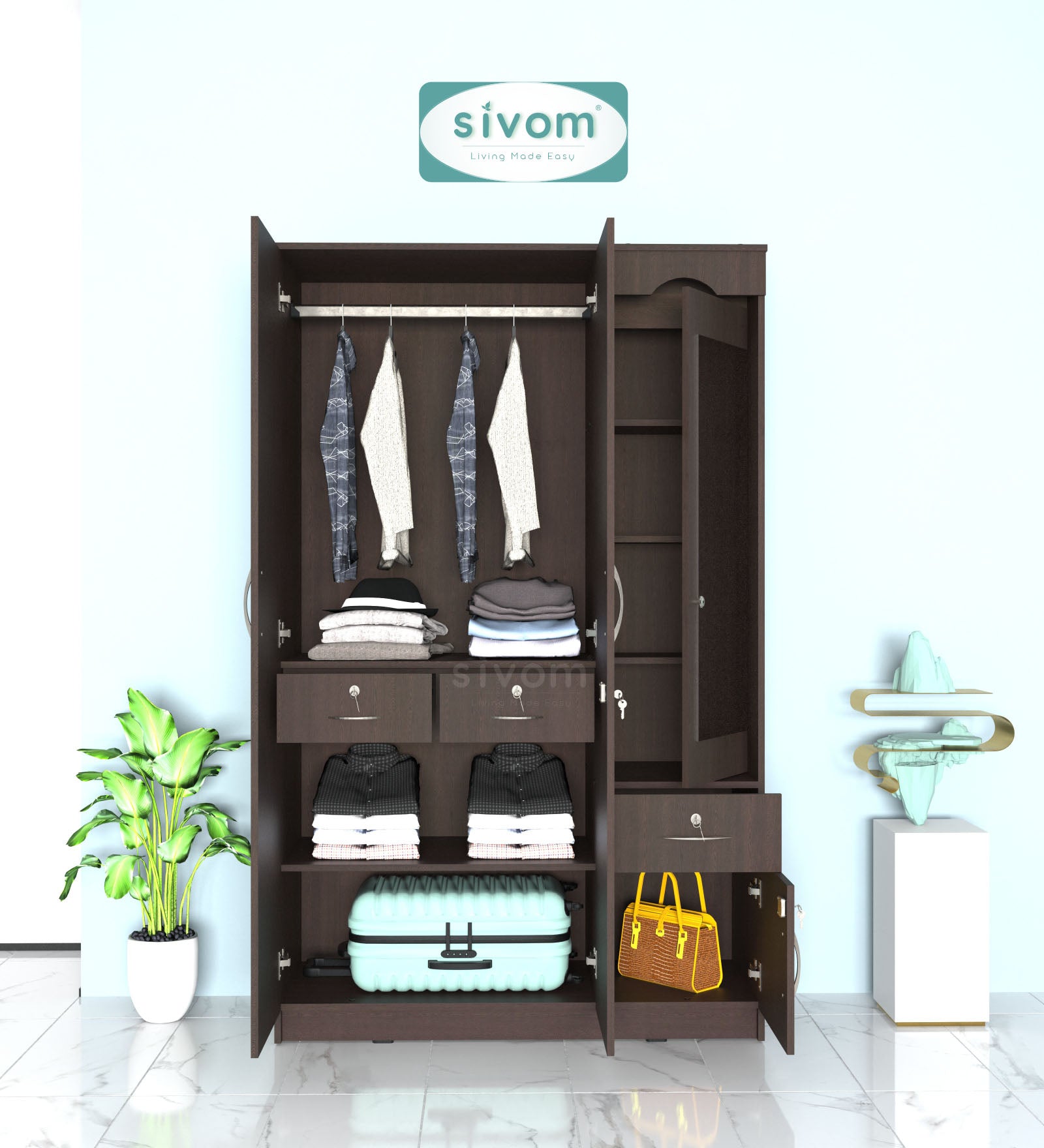 Sivom SIVOM Syntax Multipurpose 3 Door Wardrobe / Spacious Shelves with Hanging Rail Engineered Wood 3 Door Wardrobe for Modern Homes | Elegant Design & Premium Finish