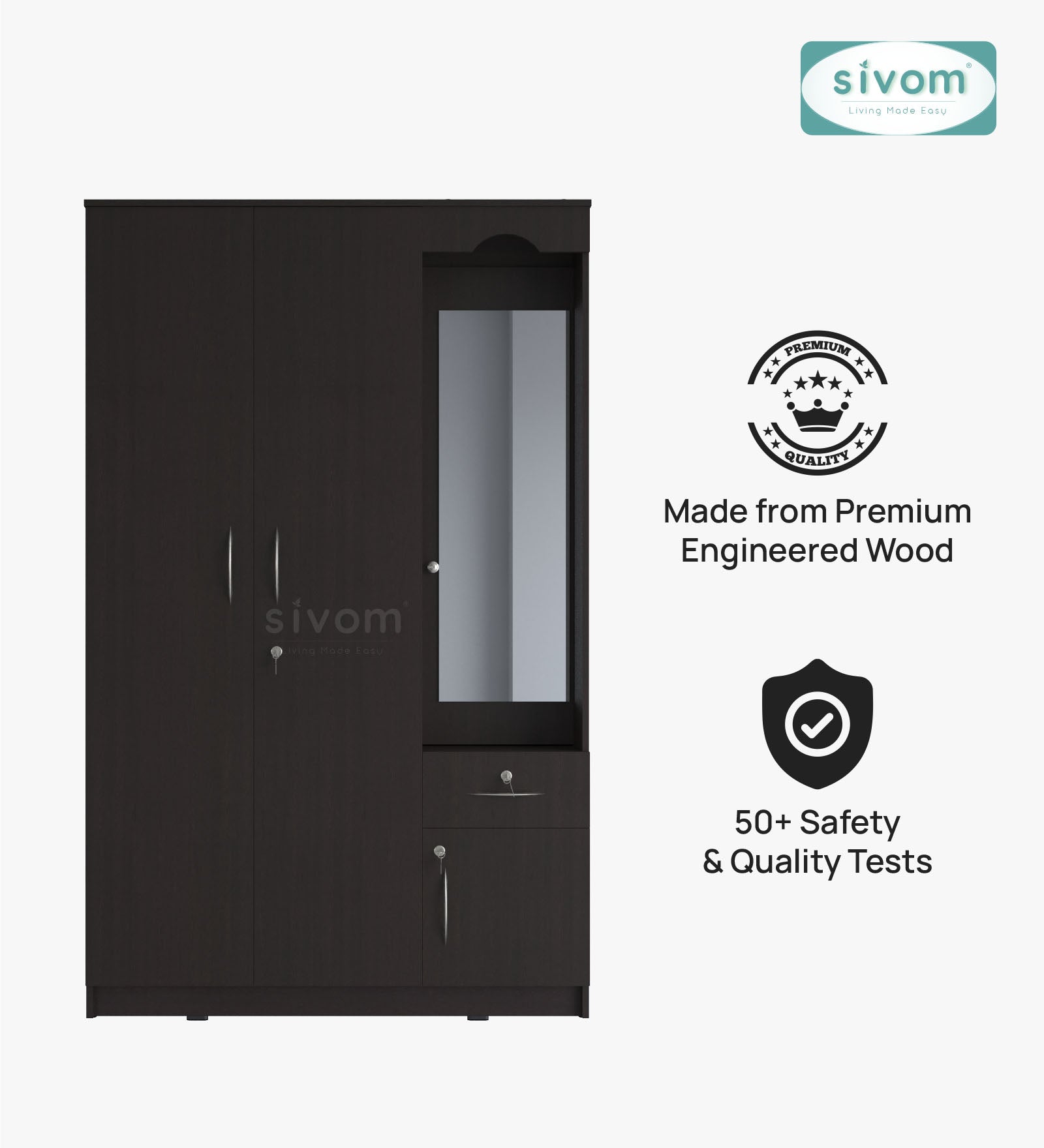Sivom SIVOM Syntax Multipurpose 3 Door Wardrobe / Spacious Shelves with Hanging Rail Engineered Wood 3 Door Wardrobe for Modern Homes | Elegant Design & Premium Finish