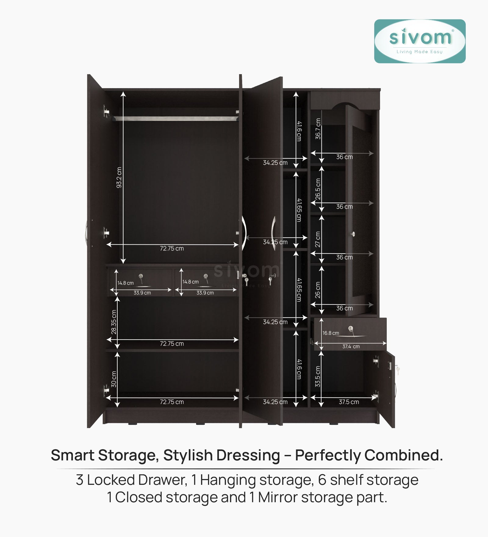 Sivom furniture SIVOM Syntax Multipurpose 4 Door Closet Engineered Wood 4 Door Wardrobe for Modern Homes | Elegant Design & Premium Finish