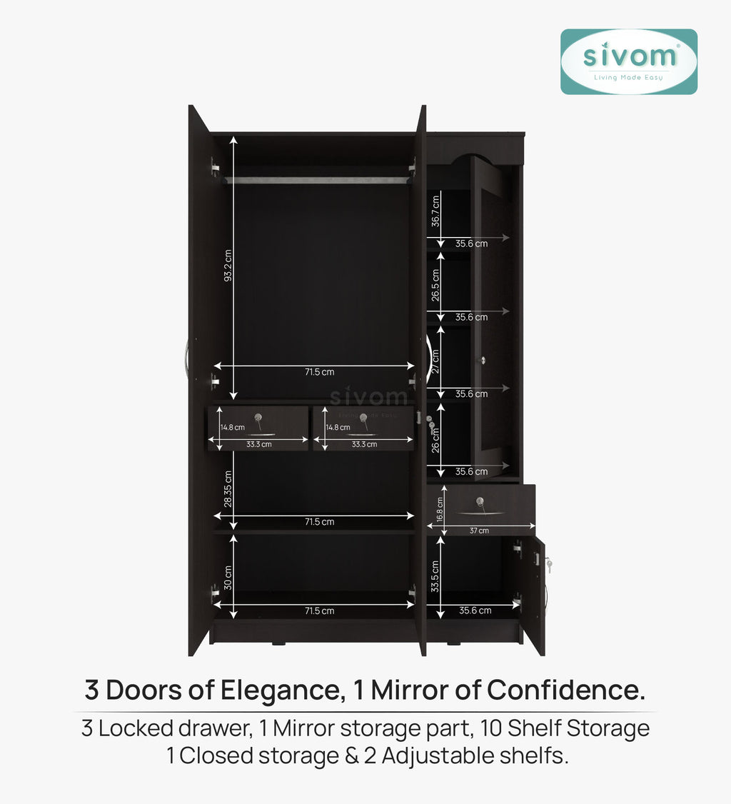Sivom SIVOM Syntax Multipurpose 3 Door Wardrobe / Spacious Shelves with Hanging Rail Engineered Wood 3 Door Wardrobe for Modern Homes | Elegant Design & Premium Finish