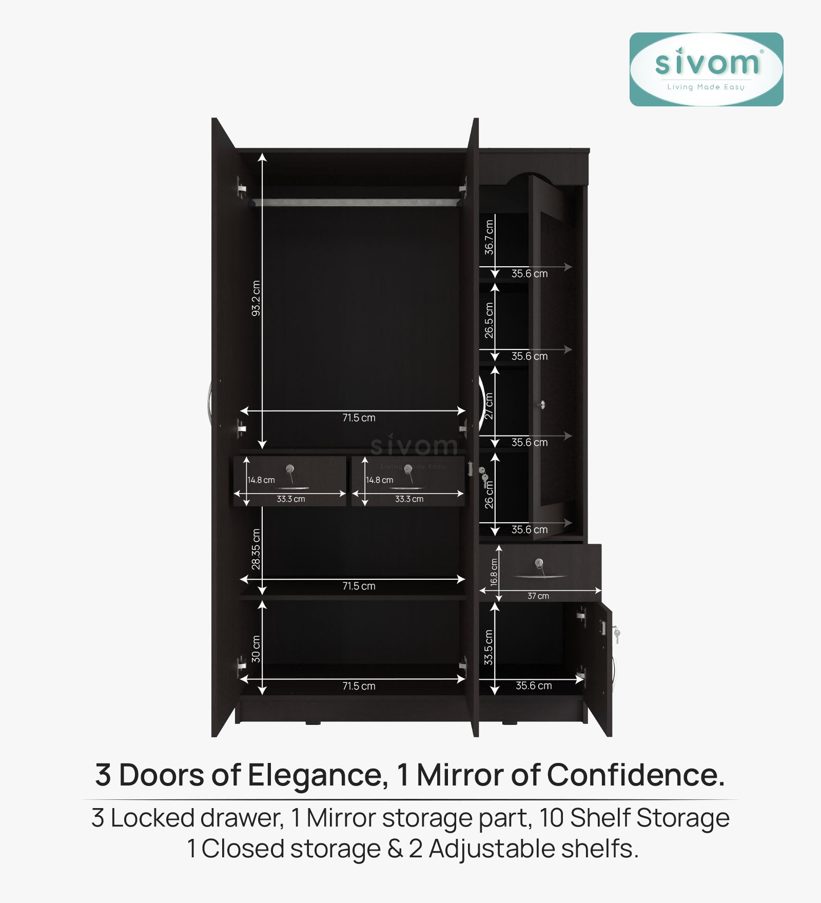 Sivom SIVOM Syntax Multipurpose 3 Door Wardrobe / Spacious Shelves with Hanging Rail Engineered Wood 3 Door Wardrobe for Modern Homes | Elegant Design & Premium Finish