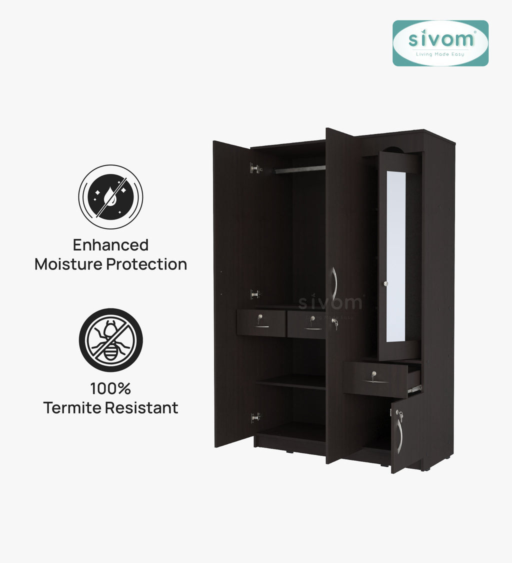 Sivom SIVOM Syntax Multipurpose 3 Door Wardrobe / Spacious Shelves with Hanging Rail Engineered Wood 3 Door Wardrobe for Modern Homes | Elegant Design & Premium Finish