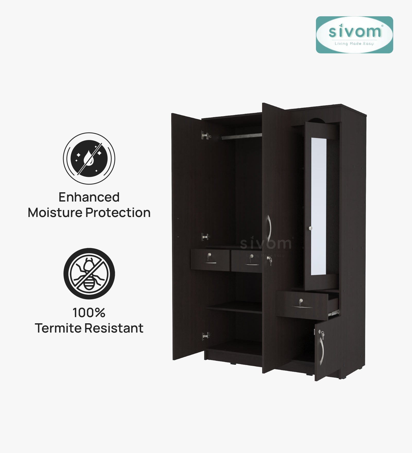 Sivom SIVOM Syntax Multipurpose 3 Door Wardrobe / Spacious Shelves with Hanging Rail Engineered Wood 3 Door Wardrobe for Modern Homes | Elegant Design & Premium Finish