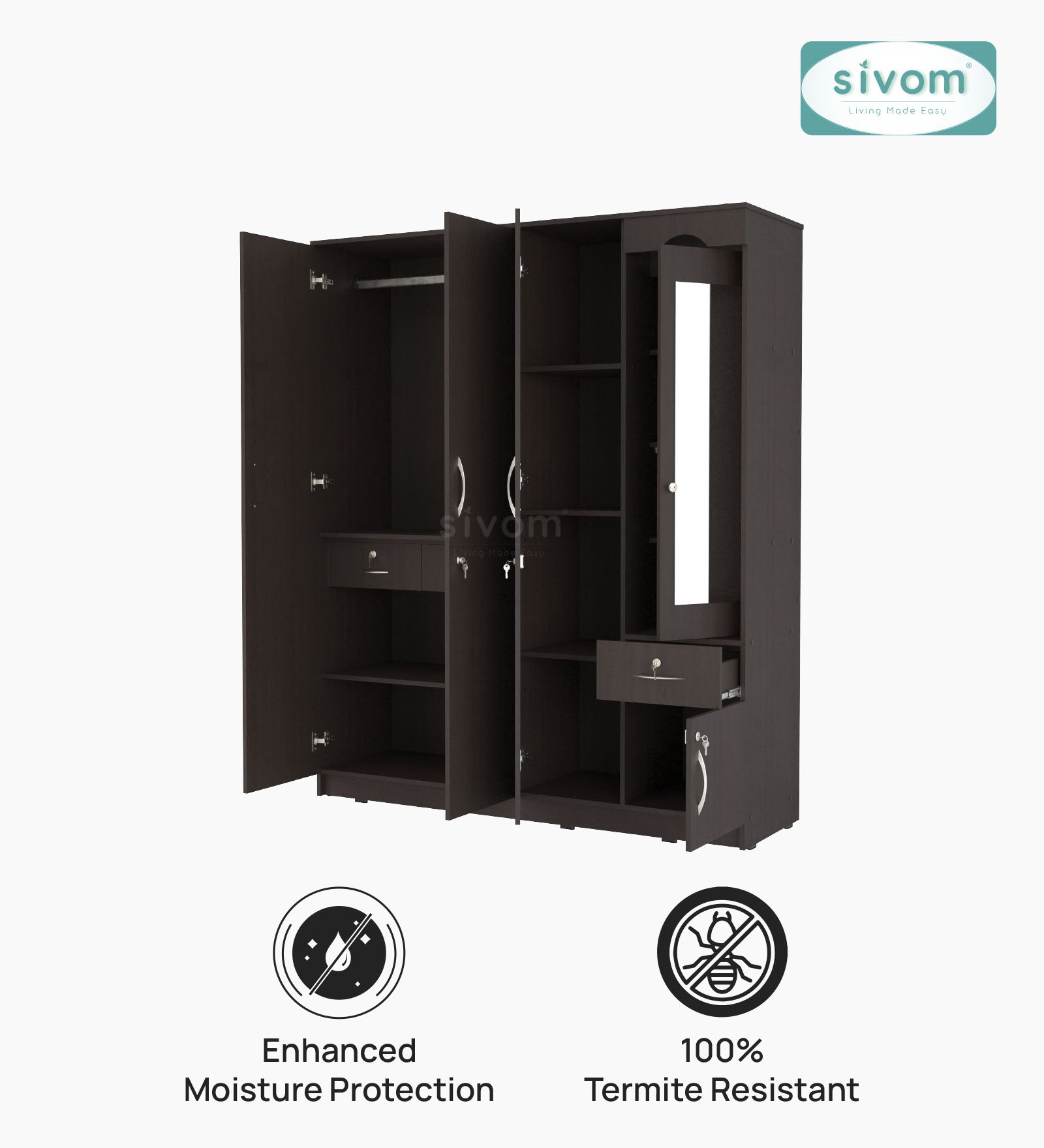 Sivom furniture SIVOM Syntax Multipurpose 4 Door Closet Engineered Wood 4 Door Wardrobe for Modern Homes | Elegant Design & Premium Finish