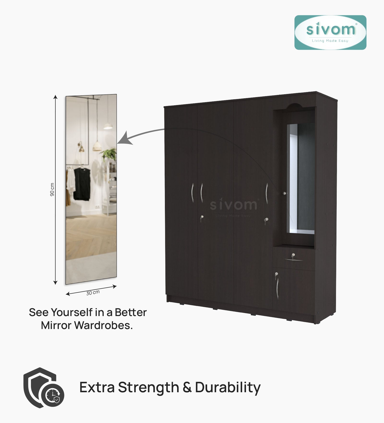 Sivom furniture SIVOM Syntax Multipurpose 4 Door Closet Engineered Wood 4 Door Wardrobe for Modern Homes | Elegant Design & Premium Finish