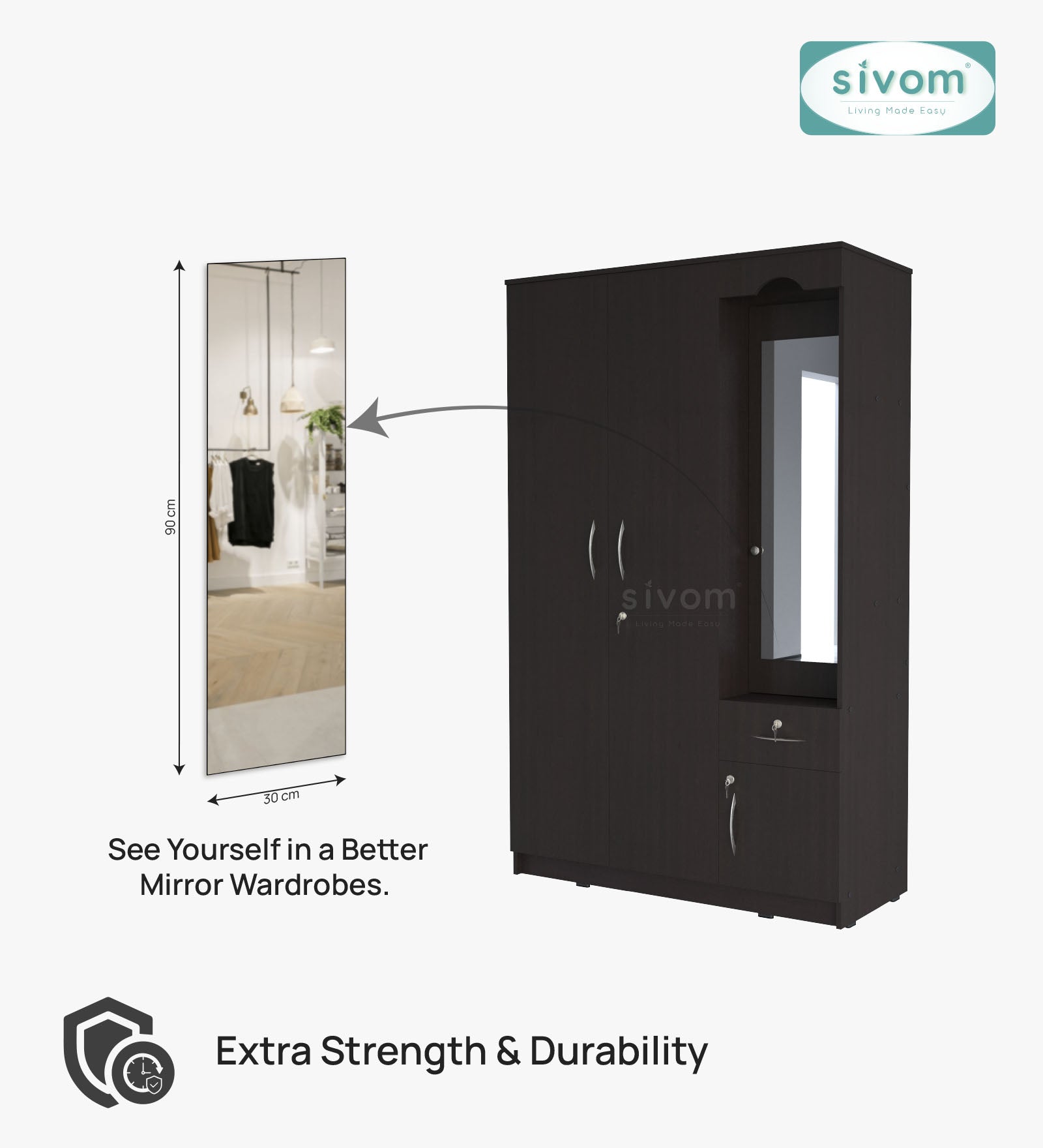 Sivom SIVOM Syntax Multipurpose 3 Door Wardrobe / Spacious Shelves with Hanging Rail Engineered Wood 3 Door Wardrobe for Modern Homes | Elegant Design & Premium Finish