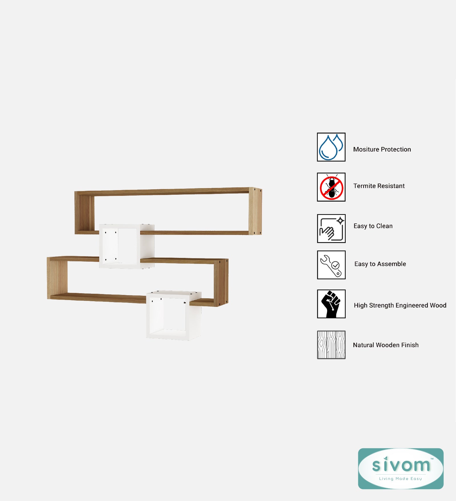 Sivom SIVOM CLAY Multipurpose Modular Wall Racks/Shelves/Organiser/Décor Particle Board Wall Shelf (Number of Shelves - 4, ) for Modern Homes | Elegant Design & Premium Finish