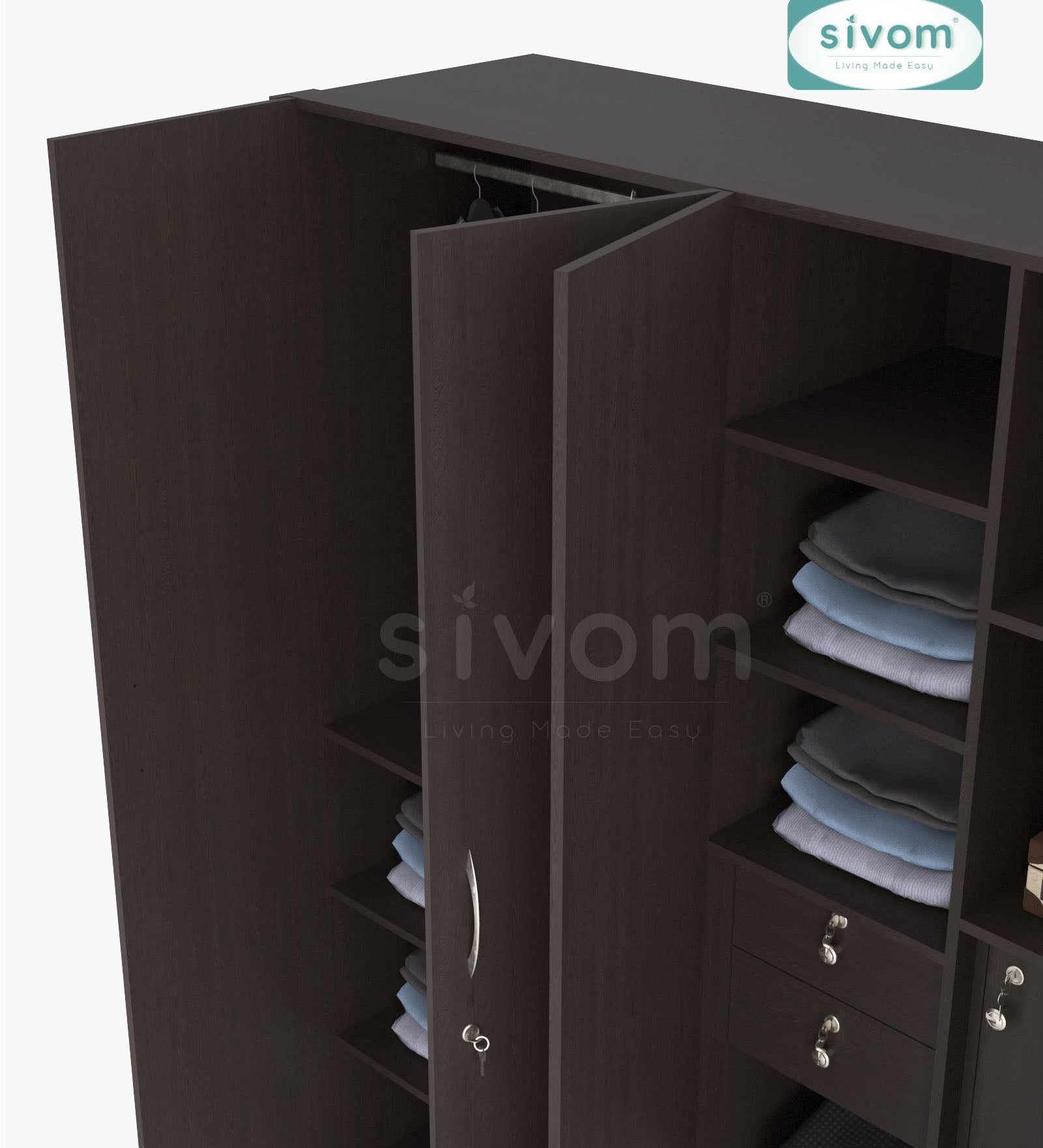 SIVOM Tarly Multipurpose 4 Door Closet Engineered Wood 4 Door Wardrobe for Modern Homes | Elegant Design & Premium Finish