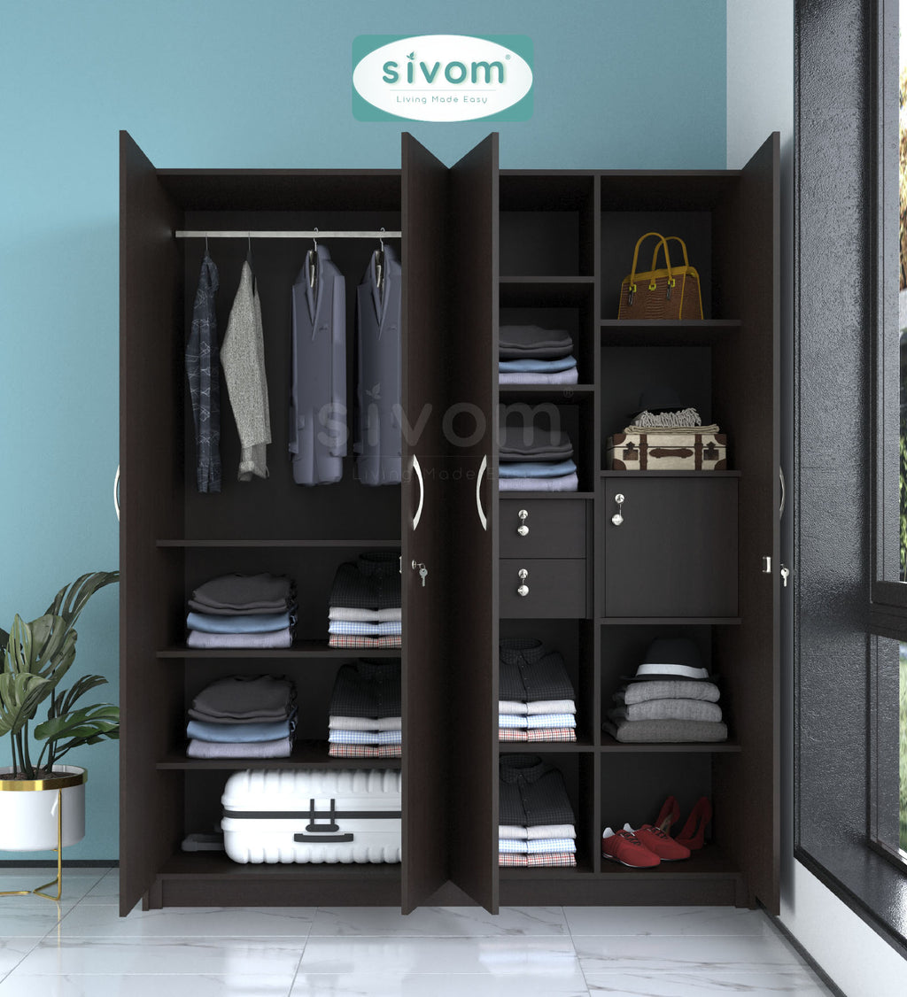 SIVOM Tarly Multipurpose 4 Door Closet Engineered Wood 4 Door Wardrobe for Modern Homes | Elegant Design & Premium Finish