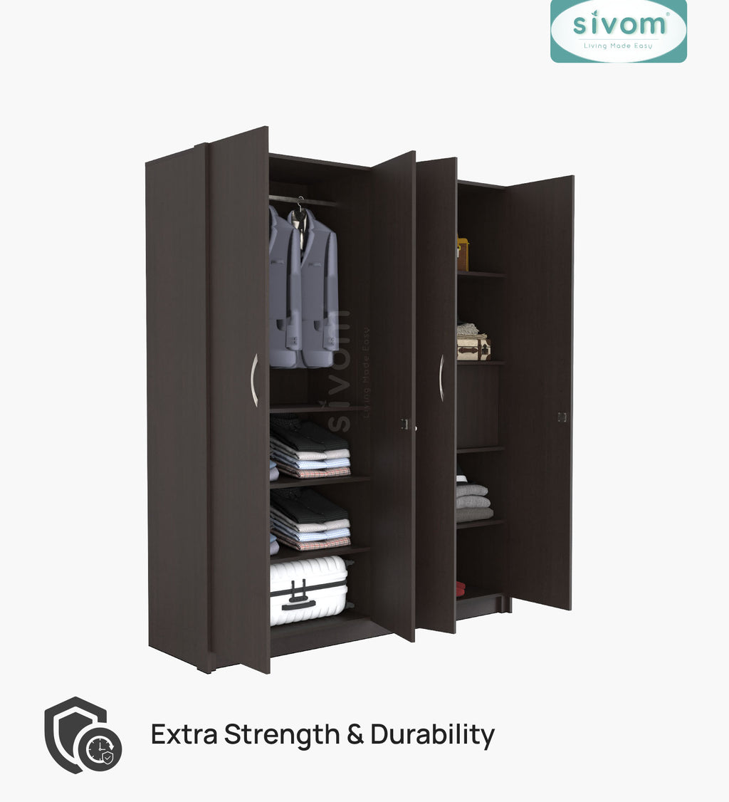 SIVOM Tarly Multipurpose 4 Door Closet Engineered Wood 4 Door Wardrobe for Modern Homes | Elegant Design & Premium Finish