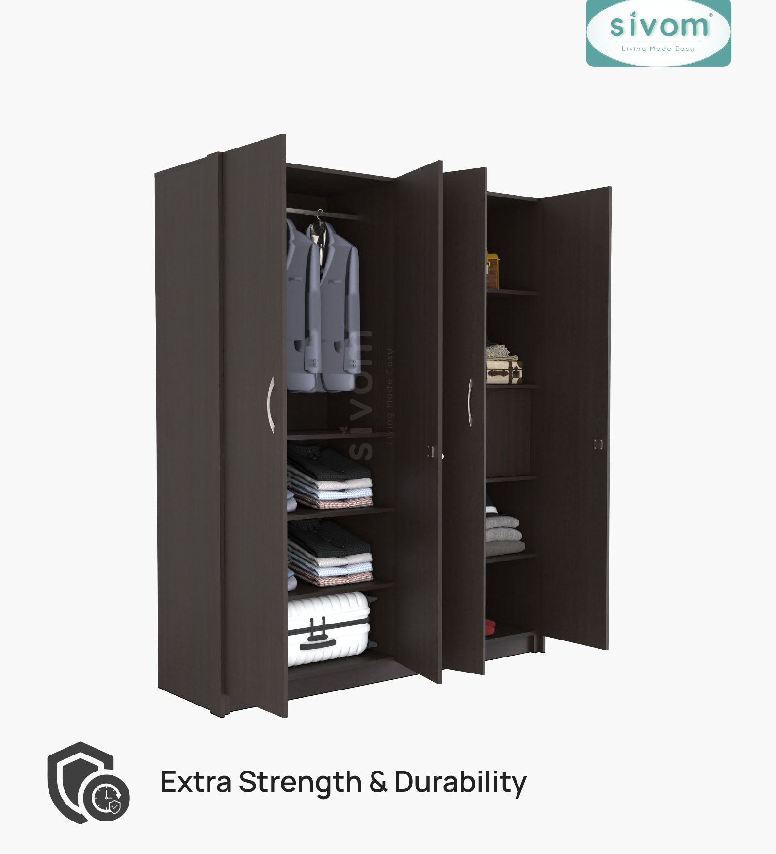 SIVOM Tarly Multipurpose 4 Door Closet Engineered Wood 4 Door Wardrobe for Modern Homes | Elegant Design & Premium Finish