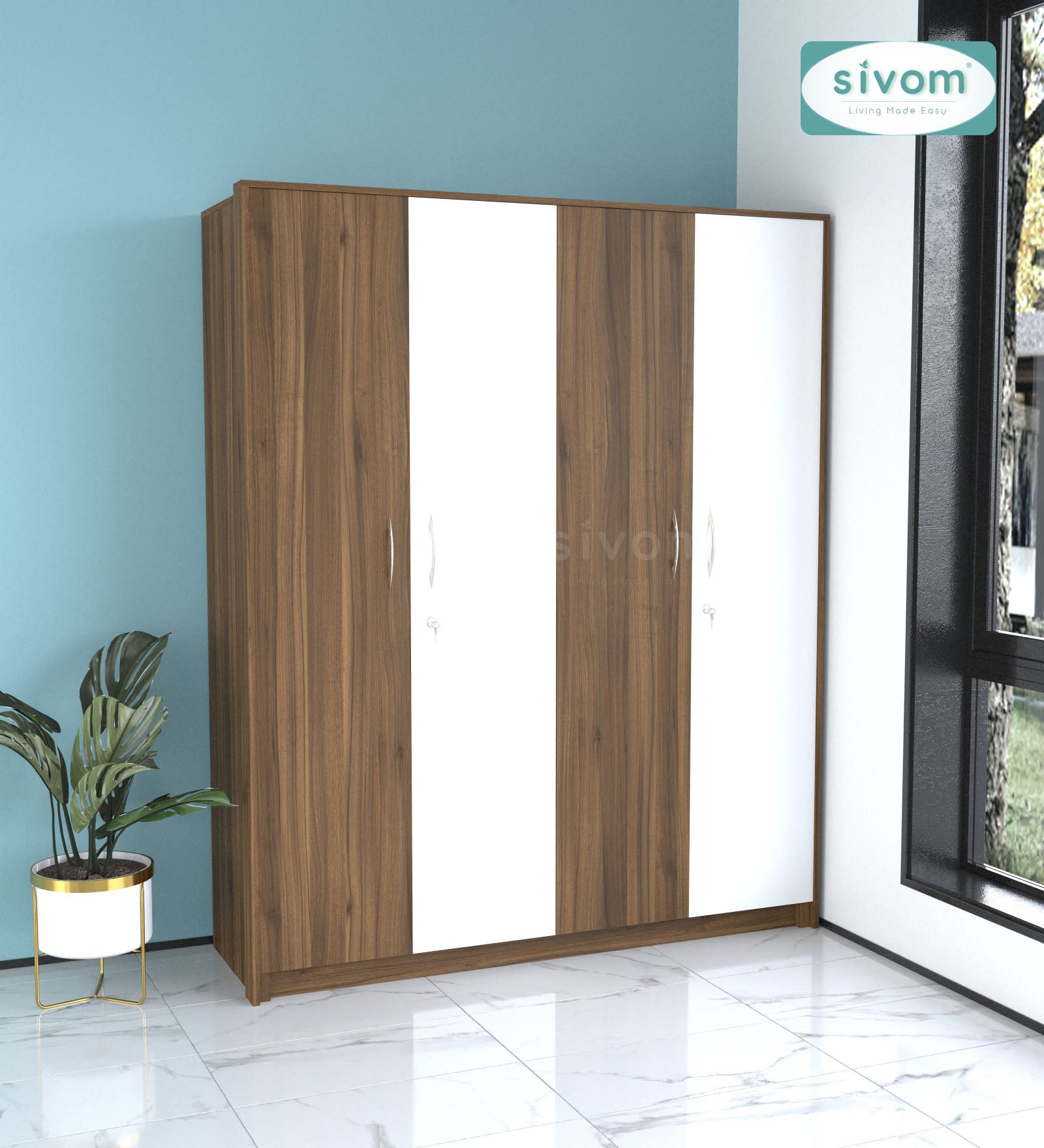 SIVOM Tarly Multipurpose 4 Door Closet Engineered Wood 4 Door Wardrobe for Modern Homes | Elegant Design & Premium Finish