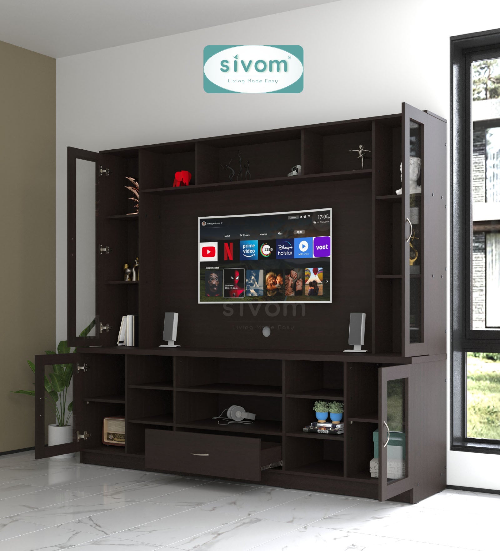 SIVOM Thunder Multipurpose TV Unit fits upto 43 inch with Storage Engineered Wood TV Entertainment Unit for Modern Homes | Elegant Design & Premium Finish