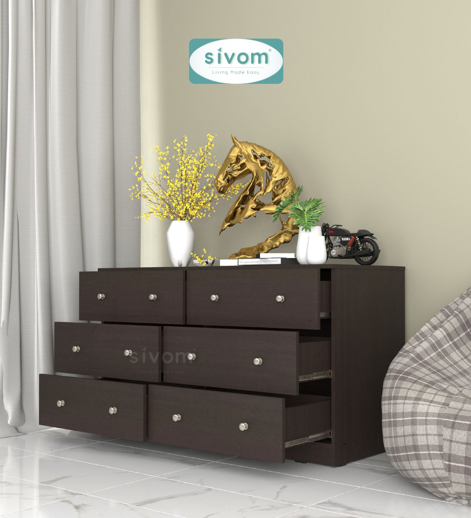 Sivom SIVOM Treasure Multipurpose Storage Unit/Chest of 6 Drawers Engineered Wood Free Standing Cabinet for Modern Homes | Elegant Design & Premium Finish