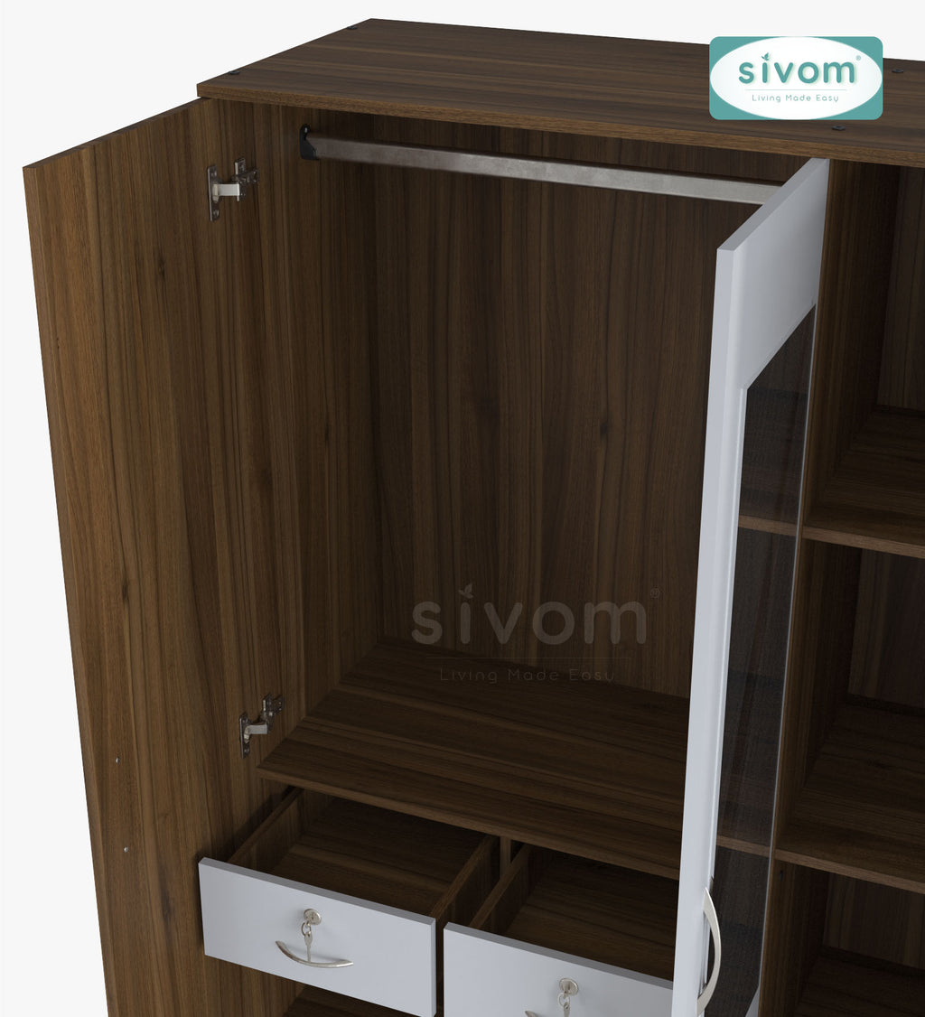 Sivom furniture SIVOM Ultra Multipurpose 3 Door Wardrobe With Mirror/ Spacious Shelves with Hanging Rail Engineered Wood 3 Door Wardrobe for Modern Homes | Elegant Design & Premium Finish