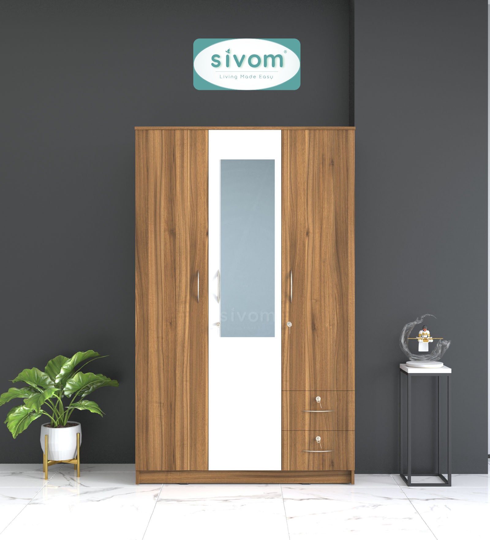 Sivom furniture SIVOM Ultra Multipurpose 3 Door Wardrobe With Mirror/ Spacious Shelves with Hanging Rail Engineered Wood 3 Door Wardrobe for Modern Homes | Elegant Design & Premium Finish