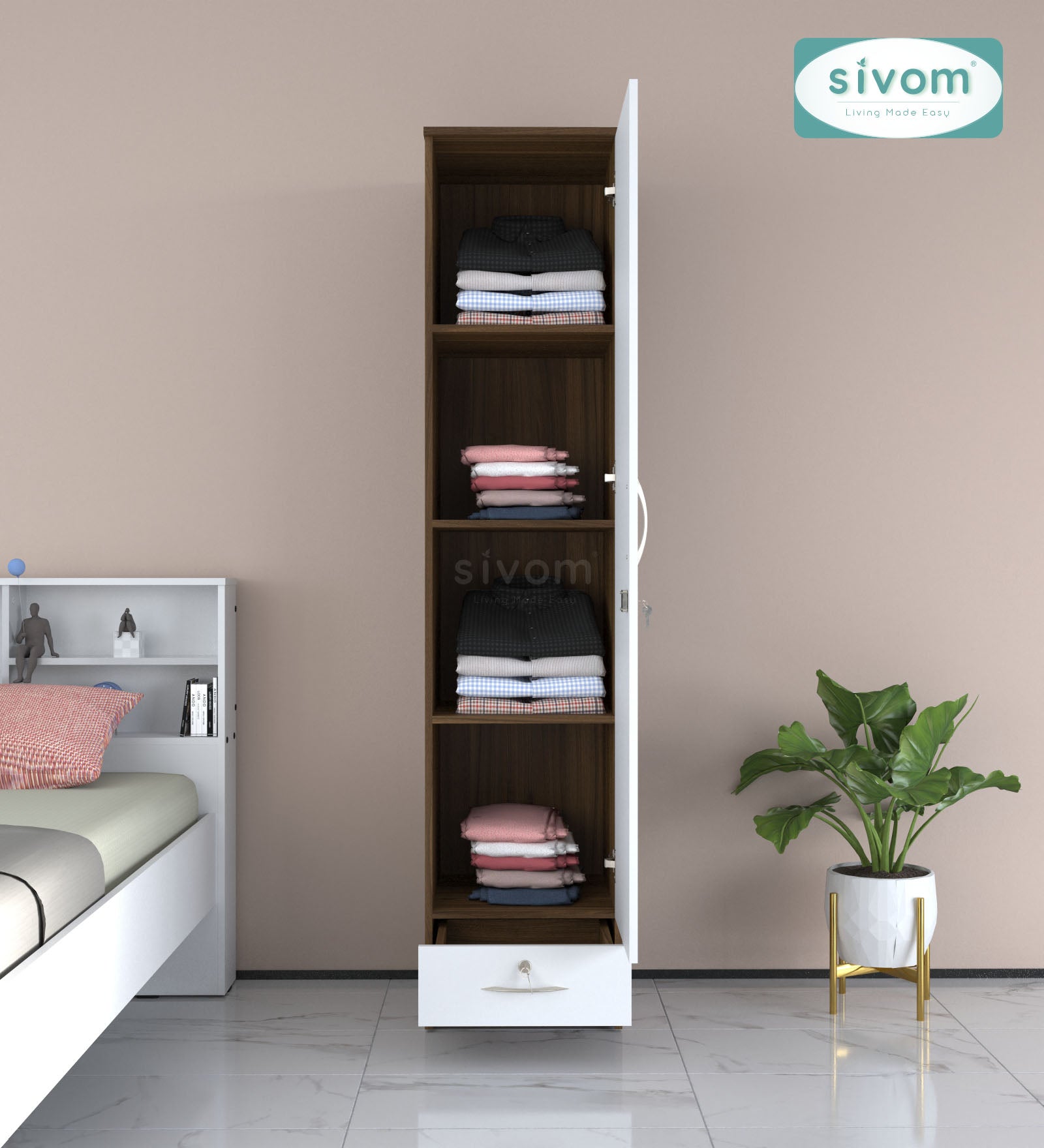 Sivom SIVOM Ultra Multipurpose 1 Door Wardrobe / Spacious 4 Shelves with Outer Drawer Engineered Wood 1 Door Wardrobe for Modern Homes | Elegant Design & Premium Finish