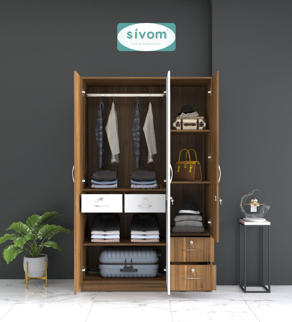 Sivom furniture SIVOM Ultra Multipurpose 3 Door Wardrobe With Mirror/ Spacious Shelves with Hanging Rail Engineered Wood 3 Door Wardrobe for Modern Homes | Elegant Design & Premium Finish