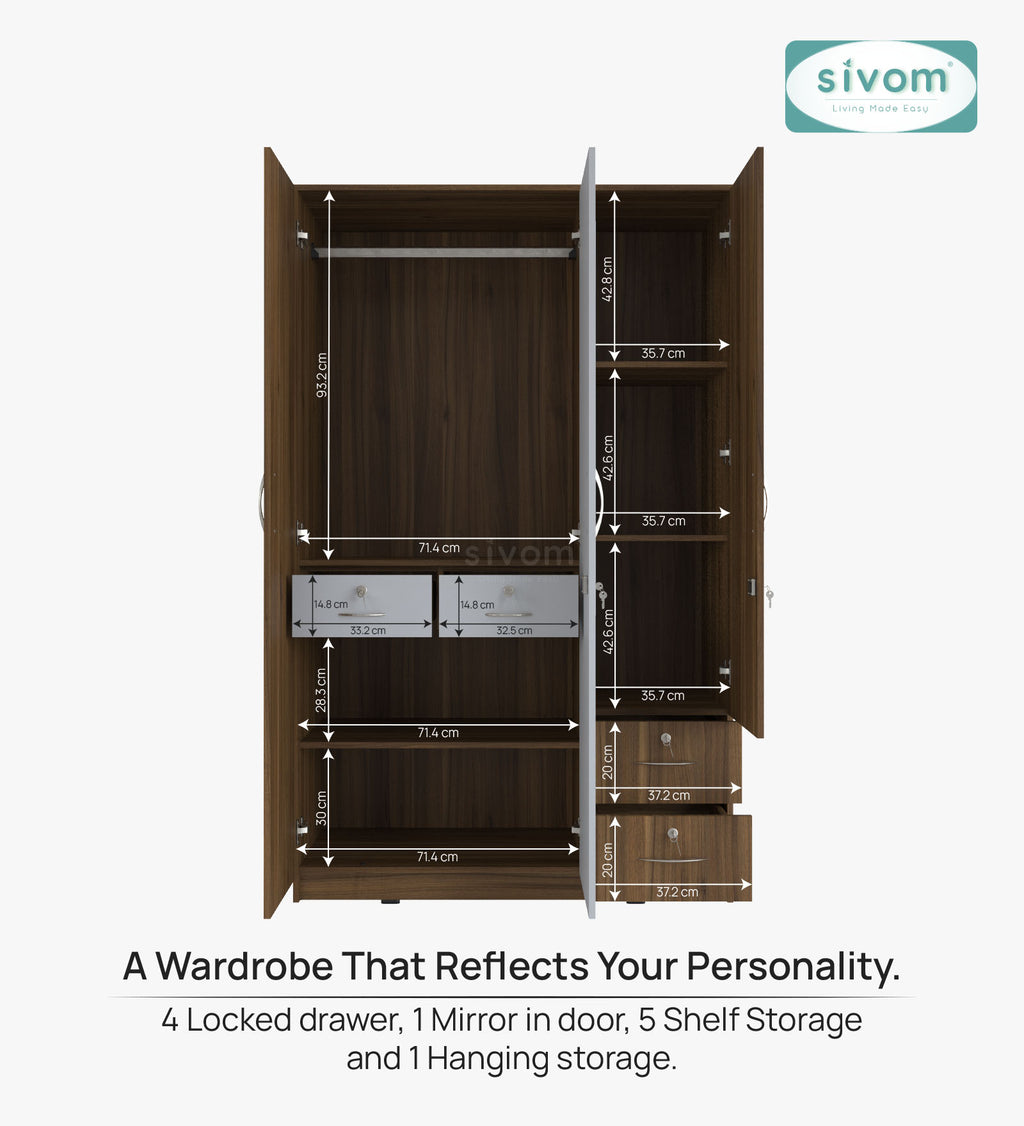 Sivom SIVOM Ultra Multipurpose 3 Door Wardrobe / Spacious Shelves with Hanging Rail Engineered Wood 3 Door Wardrobe for Modern Homes | Elegant Design & Premium Finish